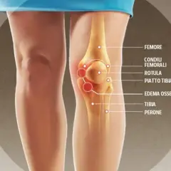 Illustrazione anatomica del ginocchio con evidenziato l'edema osseo.