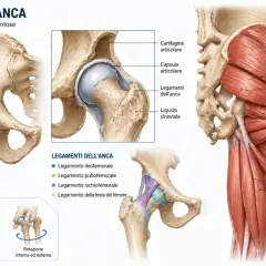 Anatomia dell'anca: l'osso coxale, femore, muscoli e legamenti. Dettagli sulla cartilagine, capsula articolare e liquido sinoviale.