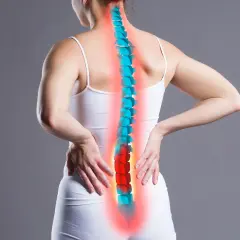 Donna con mani sulla schiena, colonna vertebrale evidenziata in rosso e blu. Il dolore lombare, il rachialgia significato, è rappresentato dal colore rosso.