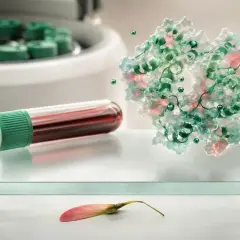 Analisi molecolare di un campione di sangue, forse per un test di Thomas, con una struttura proteica in evidenza.