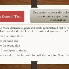 Test di controllo del tronco per valutare mobilità, equilibrio e coordinazione in pazienti con diagnosi di CVA. Include 4 prove cronometrate.