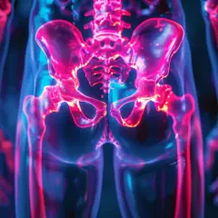 Illustrazione 3D del bacino e delle gambe, con enfasi sul coccige, che potrebbe indicare una frattura coccige.