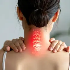 Dolore al collo, forse una gobba della vedova. La colonna vertebrale cervicale è evidenziata in rosso, indicando sofferenza.