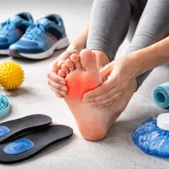 Piede con arrossamento indica dolore sotto al tallone. Attrezzatura sportiva e plantari suggeriscono recupero.