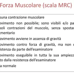 Scala MRC per la forza muscolare: da 0 (nessuna contrazione) a 5 (forza normale), con descrizioni dettagliate per ogni livello.