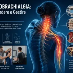 Anatomical illustration of the cervical spine and nerves, showing pain and causes of cervicobrachialgia.