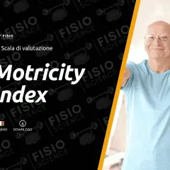 Un uomo anziano sorride mentre esegue esercizi. La grafica promuove il "Motricity Index", una scala di valutazione per la motricità.