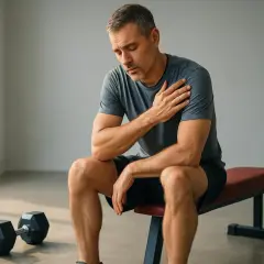 Uomo seduto su panca in palestra, con mano sulla spalla, soffre di **sovraccarico muscolare** dopo l'allenamento.