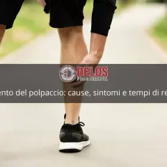 Uomo con strappo al polpaccio, non riesce a camminare. Il testo indica "Stiramento del polpaccio: cause, sintomi e tempi di recupero".