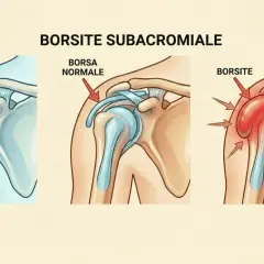 Illustrazione anatomica della spalla: a sinistra, spalla sana; al centro, borsa normale; a destra, spalla con borsite subacromiale infiammata.