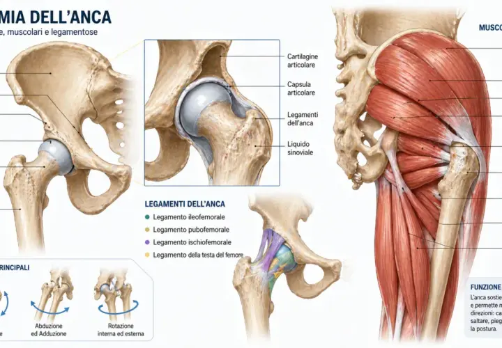 Anatomia dell'anca: l'osso coxale, femore, muscoli e legamenti. Dettagli sulla cartilagine, capsula articolare e liquido sinoviale.