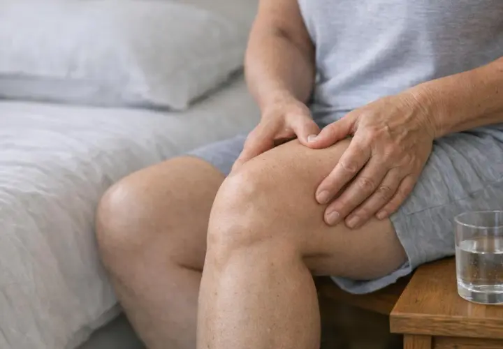 Persona anziana con mani sul ginocchio, che indica **stiffness muscolare** e disagio. Un bicchiere d'acqua è sul comodino.