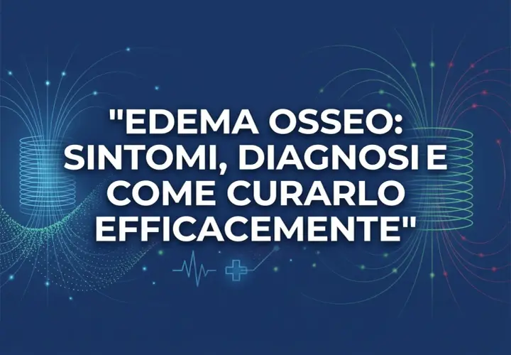 Edema osseo: sintomi, diagnosi e cura efficace. Immagine con testo su sfondo blu e grafiche luminose.