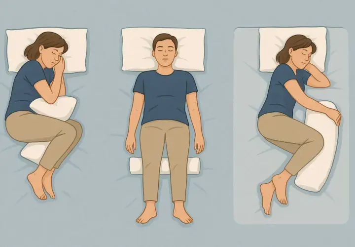 Posizioni a letto per alleviare la pubalgia: dormire su un fianco con un cuscino tra le ginocchia o sulla schiena con un cuscino sotto le ginocchia.
