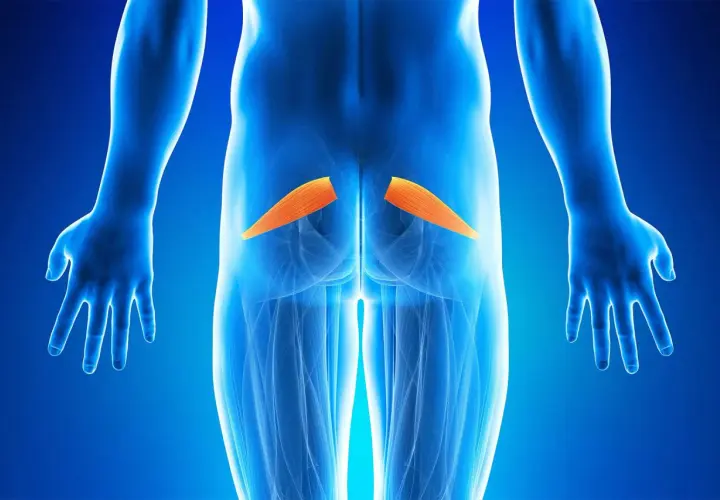 Muscolo piriforme evidenziato in arancione. L'infiammazione del piriforme può causare sintomi simili alla sciatica.
