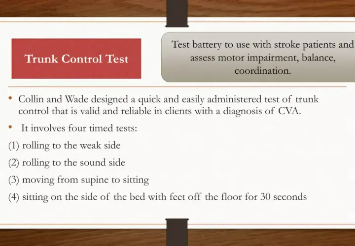 Test di controllo del tronco per valutare mobilità, equilibrio e coordinazione in pazienti con diagnosi di CVA. Include 4 prove cronometrate.