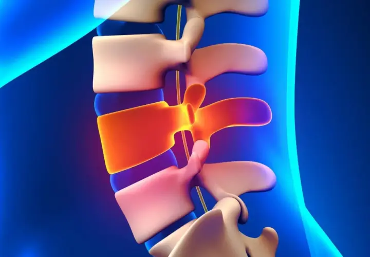 Vertebre lombari con disco intervertebrale infiammato, evidenziando le potenziali iperlordosi lombare conseguenze.