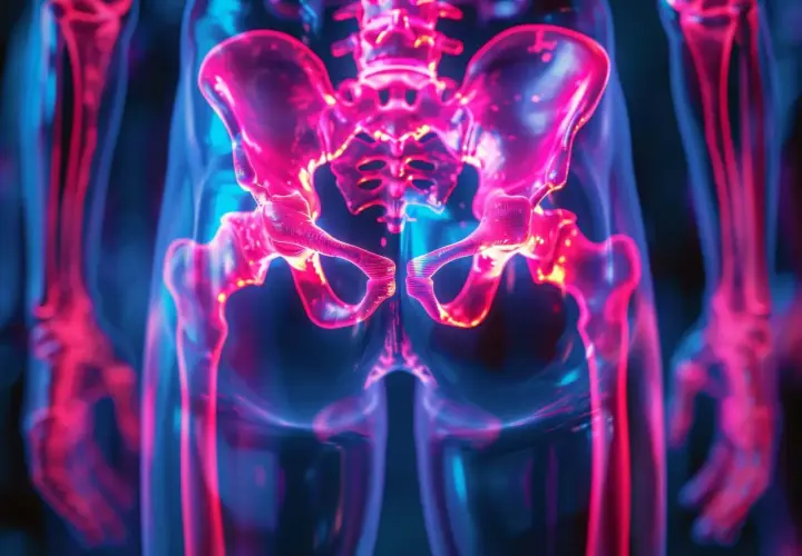 Illustrazione 3D del bacino e delle gambe, con enfasi sul coccige, che potrebbe indicare una frattura coccige.