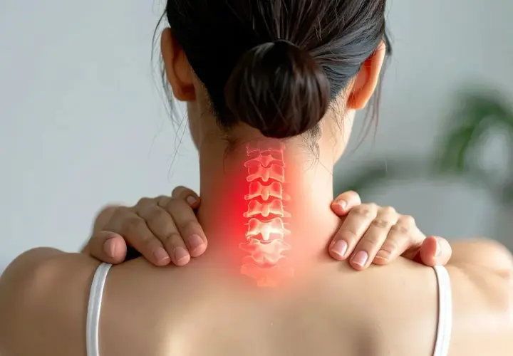 Dolore al collo, forse una gobba della vedova. La colonna vertebrale cervicale è evidenziata in rosso, indicando sofferenza.