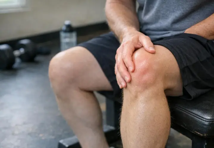 Uomo con mano sul ginocchio, forse un dolore ai tendini della gamba dopo l'allenamento.
