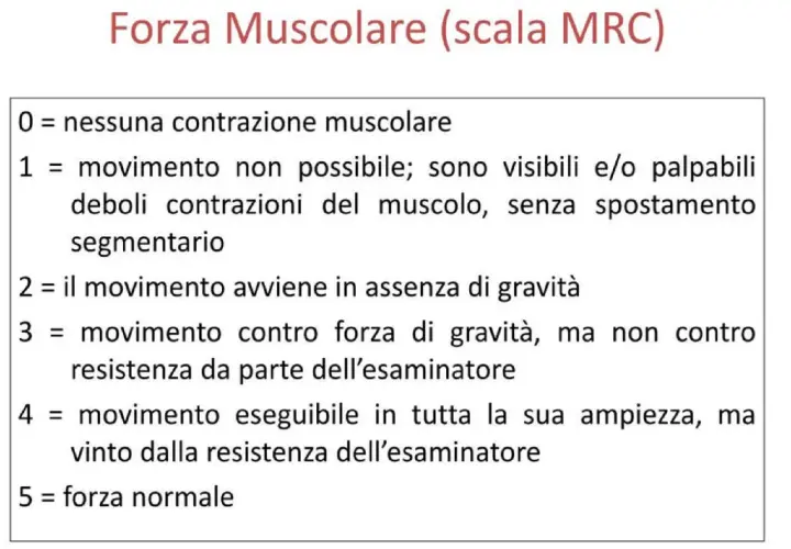 Scala MRC per la forza muscolare: da 0 (nessuna contrazione) a 5 (forza normale), con descrizioni dettagliate per ogni livello.