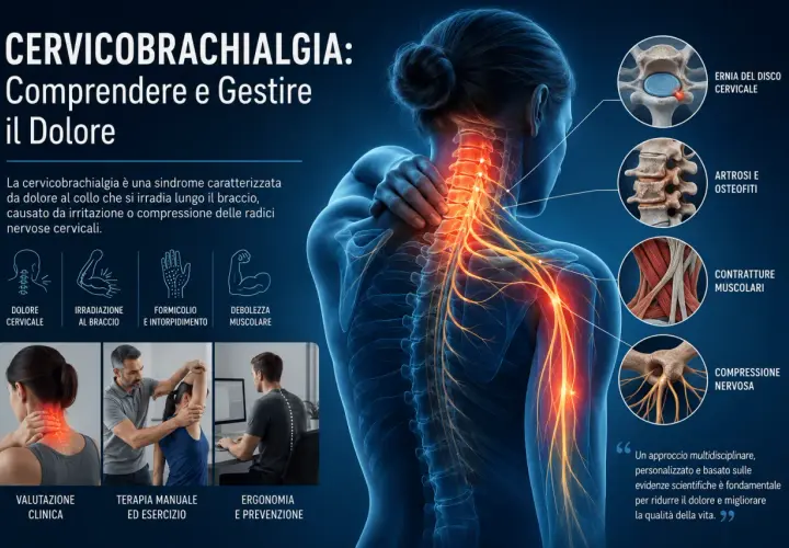 Anatomical illustration of the cervical spine and nerves, showing pain and causes of cervicobrachialgia.