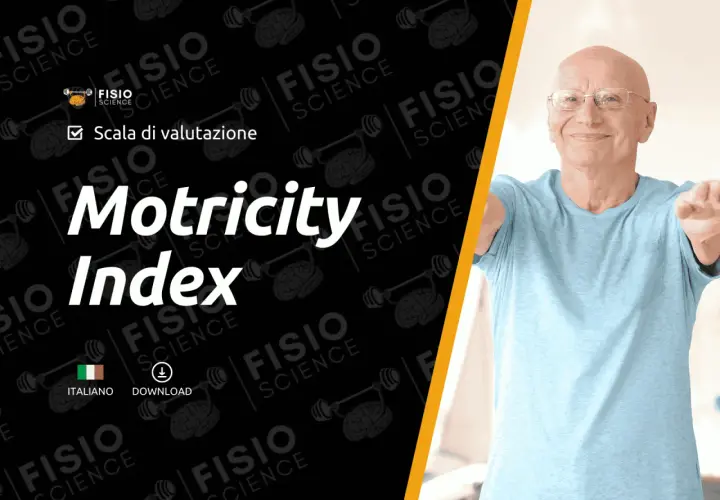 Un uomo anziano sorride mentre esegue esercizi. La grafica promuove il "Motricity Index", una scala di valutazione per la motricità.