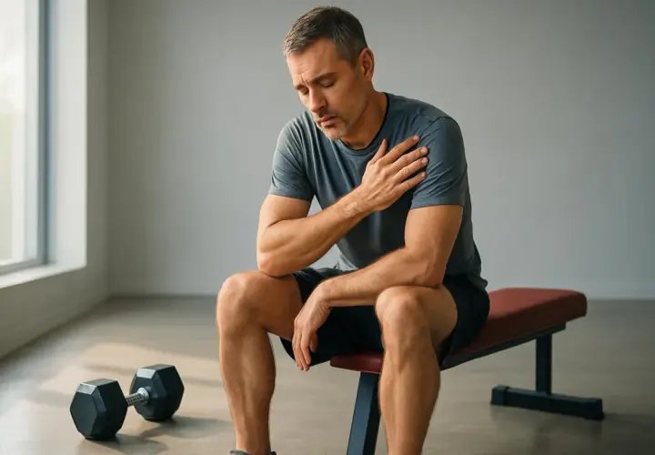 Uomo seduto su panca in palestra, con mano sulla spalla, soffre di **sovraccarico muscolare** dopo l'allenamento.