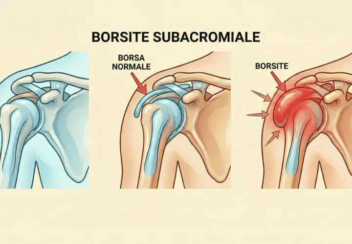 Illustrazione anatomica della spalla: a sinistra, spalla sana; al centro, borsa normale; a destra, spalla con borsite subacromiale infiammata.