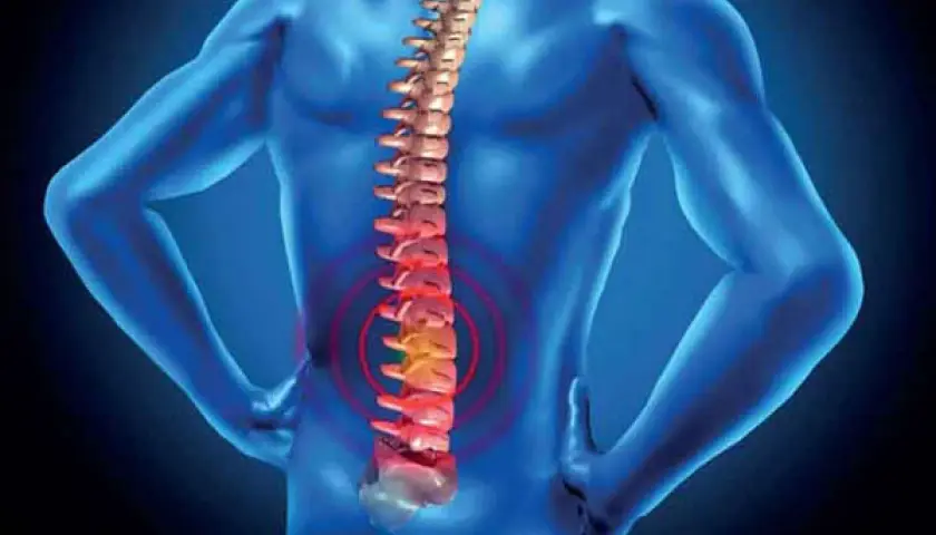 La vertebroplastica cos'è? Un'immagine che mostra una colonna vertebrale con un'area di dolore evidenziata in rosso, suggerendo un intervento per alleviare il mal di schiena.