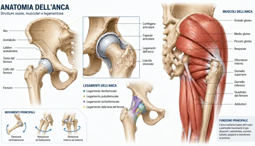 Anatomia dell'anca: l'osso coxale, femore, muscoli e legamenti. Dettagli sulla cartilagine, capsula articolare e liquido sinoviale.