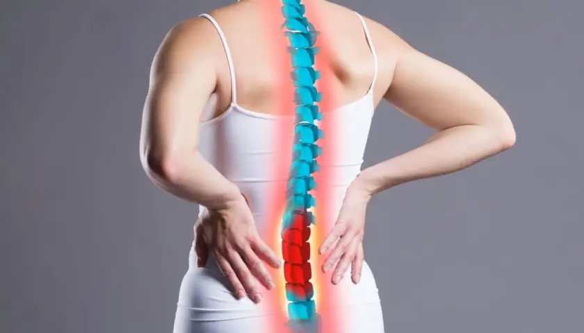 Donna con mani sulla schiena, colonna vertebrale evidenziata in rosso e blu. Il dolore lombare, il rachialgia significato, è rappresentato dal colore rosso.