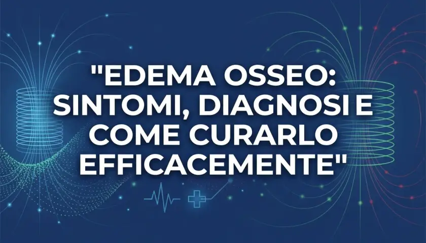 Edema osseo: sintomi, diagnosi e cura efficace. Immagine con testo su sfondo blu e grafiche luminose.