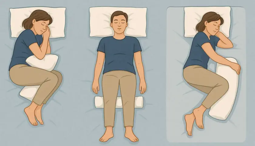 Posizioni a letto per alleviare la pubalgia: dormire su un fianco con un cuscino tra le ginocchia o sulla schiena con un cuscino sotto le ginocchia.