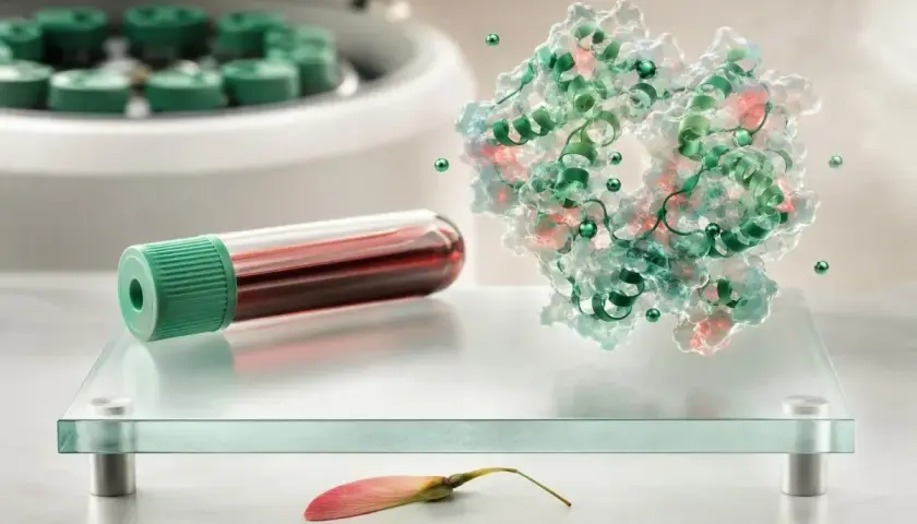 Analisi molecolare di un campione di sangue, forse per un test di Thomas, con una struttura proteica in evidenza.
