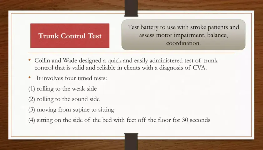 Test di controllo del tronco per valutare mobilità, equilibrio e coordinazione in pazienti con diagnosi di CVA. Include 4 prove cronometrate.