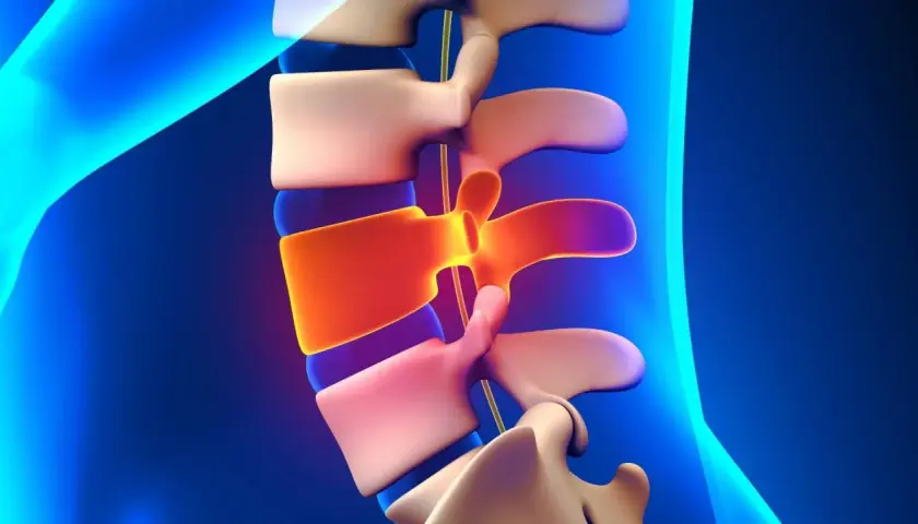 Vertebre lombari con disco intervertebrale infiammato, evidenziando le potenziali iperlordosi lombare conseguenze.