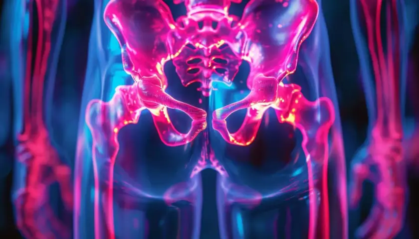 Illustrazione 3D del bacino e delle gambe, con enfasi sul coccige, che potrebbe indicare una frattura coccige.