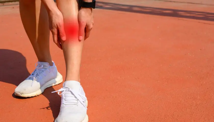 Gamba di corridore con dolore al polpaccio, evidenziato in rosso, che suggerisce uno **shin splint**.