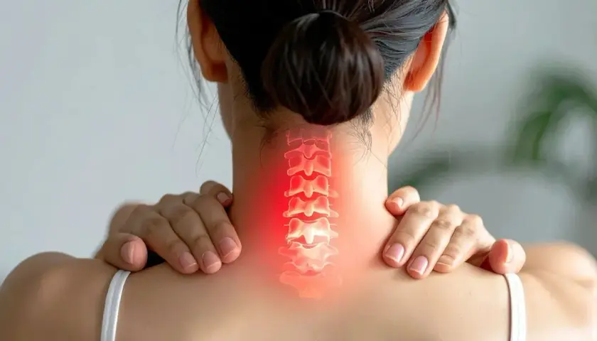 Dolore al collo, forse una gobba della vedova. La colonna vertebrale cervicale è evidenziata in rosso, indicando sofferenza.