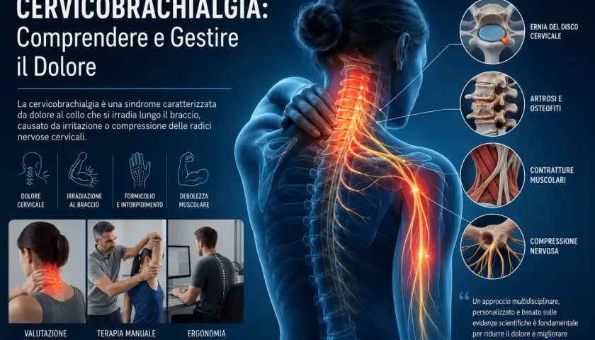 Anatomical illustration of the cervical spine and nerves, showing pain and causes of cervicobrachialgia.