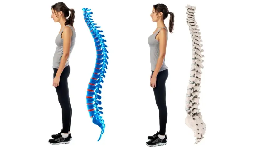 Postura scorretta vs. colonna vertebrale dritta. La donna a sinistra ha una postura curva, mentre quella a destra mostra una colonna vertebrale allineata e sana.