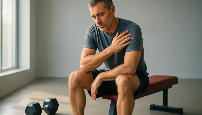 Uomo seduto su panca in palestra, con mano sulla spalla, soffre di **sovraccarico muscolare** dopo l'allenamento.