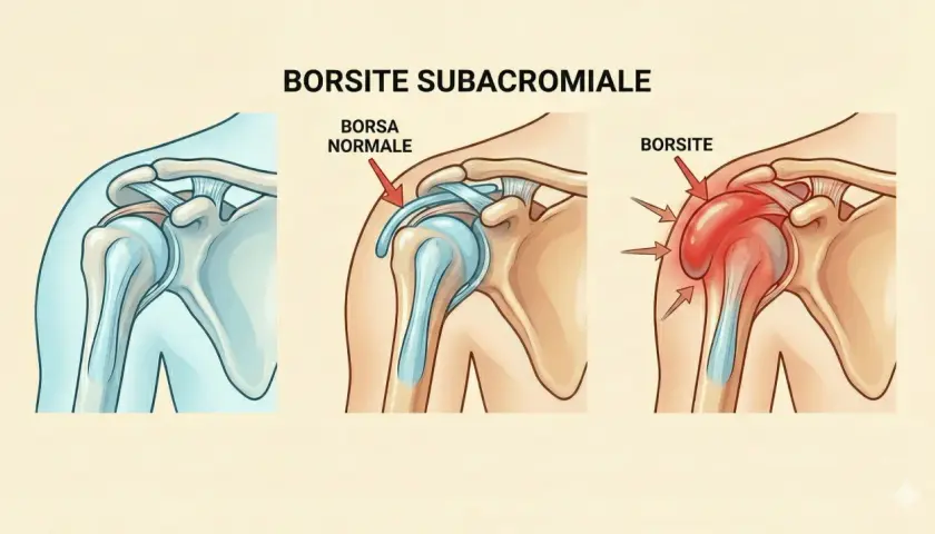 Illustrazione anatomica della spalla: a sinistra, spalla sana; al centro, borsa normale; a destra, spalla con borsite subacromiale infiammata.