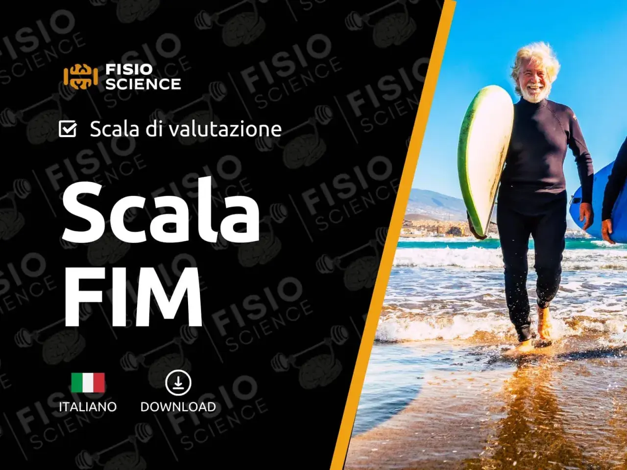 Un uomo anziano sorridente con una tavola da surf, pronto per la sua scala FIM.