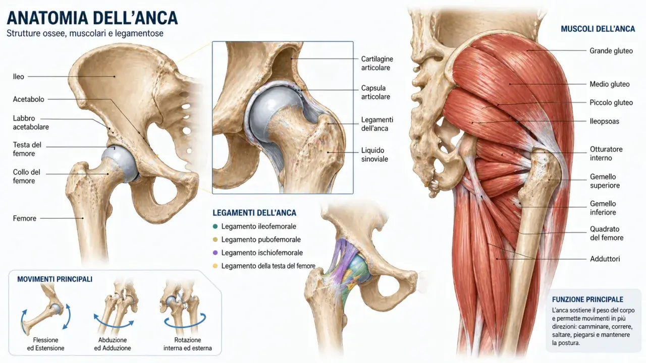 Anatomia dell'anca: l'osso coxale, femore, muscoli e legamenti. Dettagli sulla cartilagine, capsula articolare e liquido sinoviale.