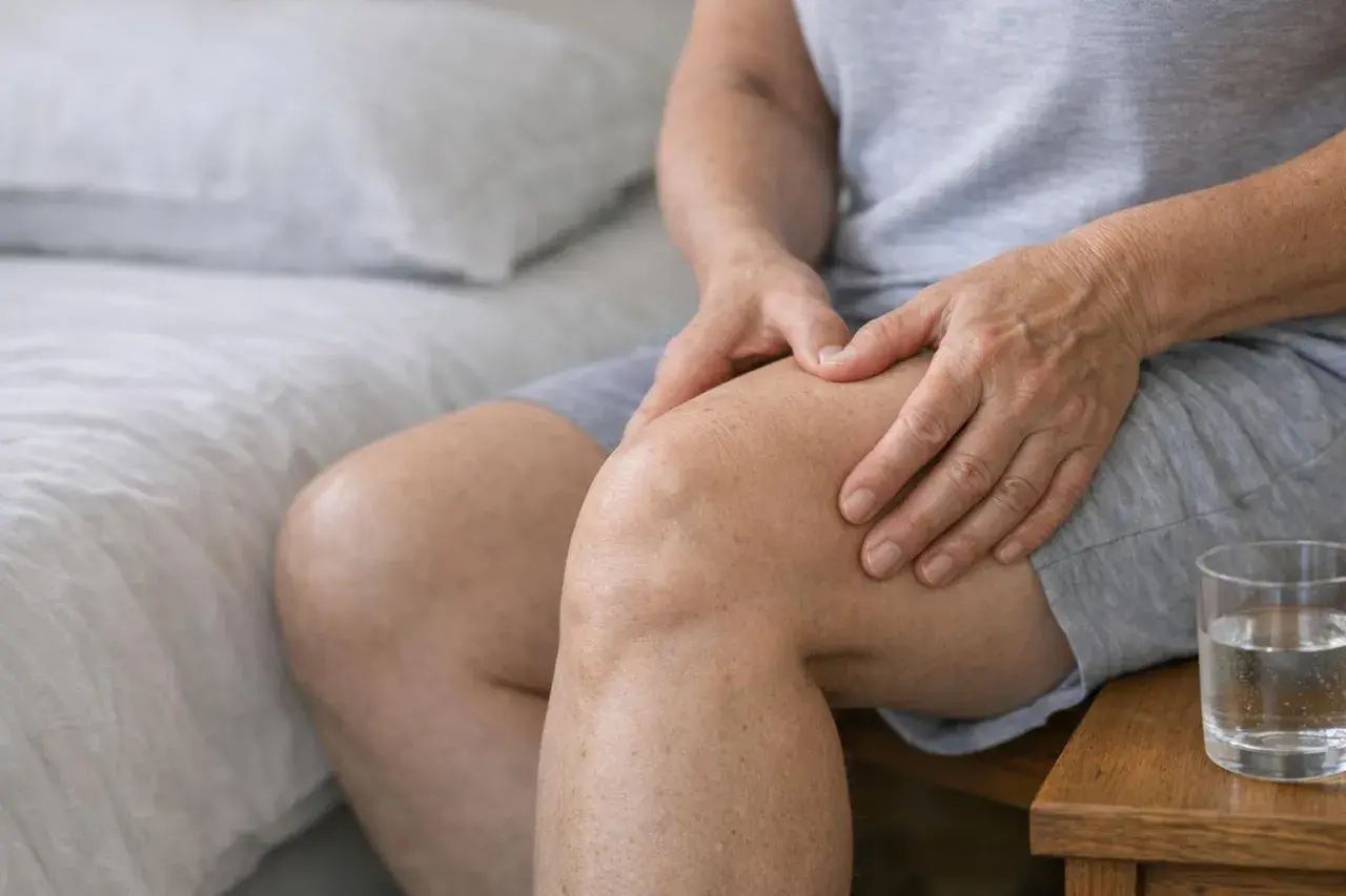 Persona anziana con mani sul ginocchio, che indica **stiffness muscolare** e disagio. Un bicchiere d'acqua è sul comodino.