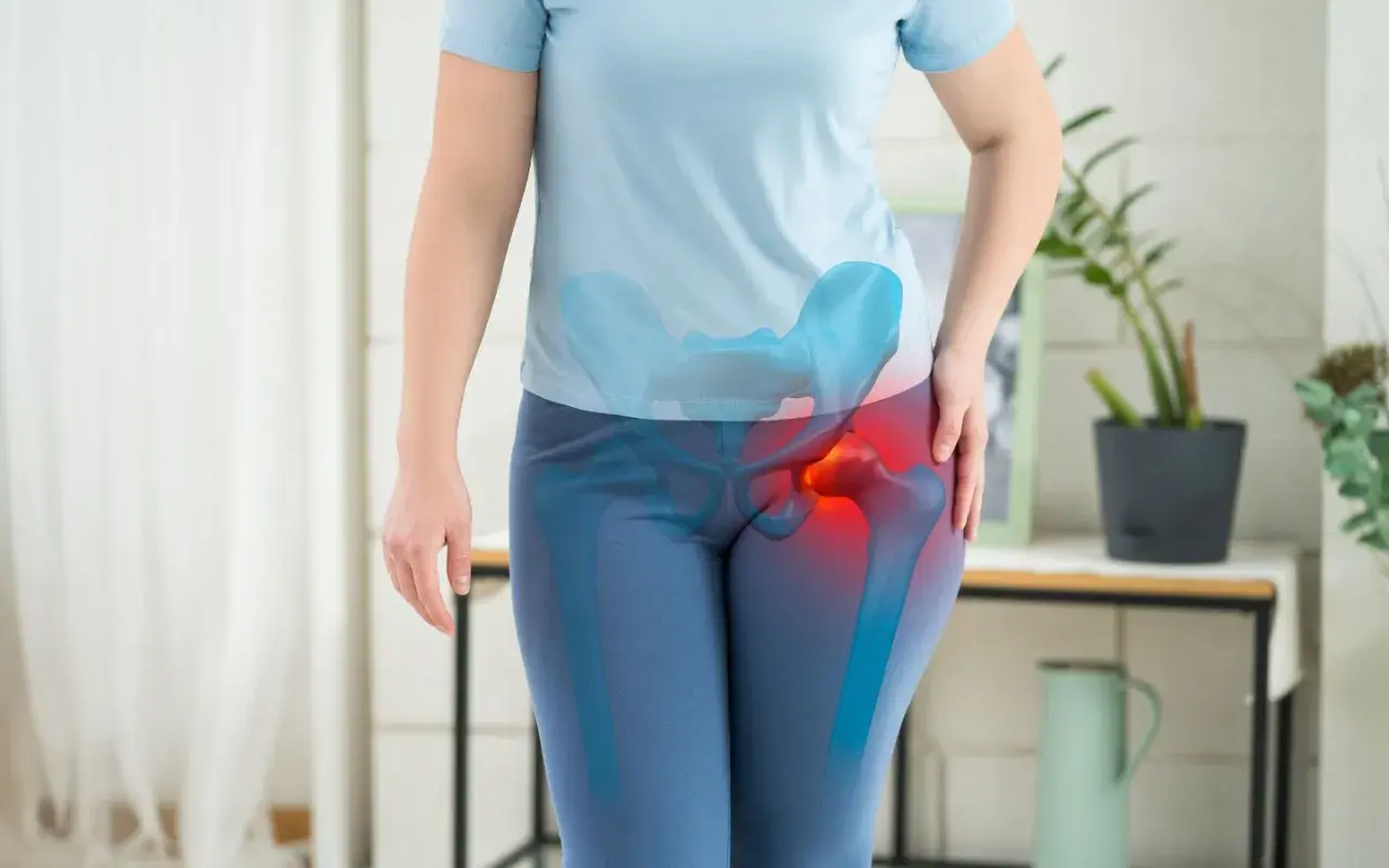 Persona con evidenziata l'area dell'anca, con un'area rossa che indica dolore. Il **faber test anca** potrebbe essere utilizzato per valutare questa condizione.