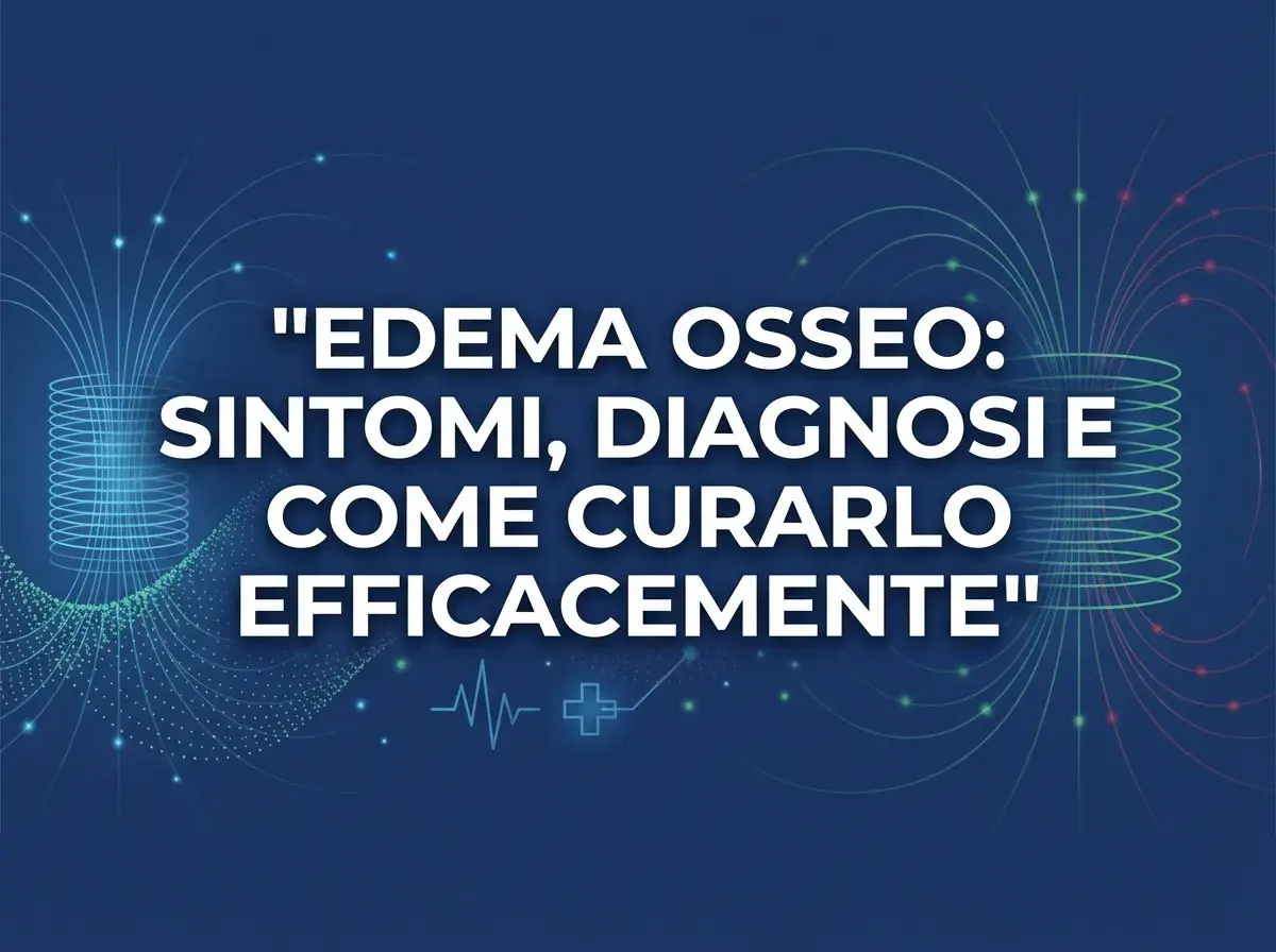Edema osseo: sintomi, diagnosi e cura efficace. Immagine con testo su sfondo blu e grafiche luminose.