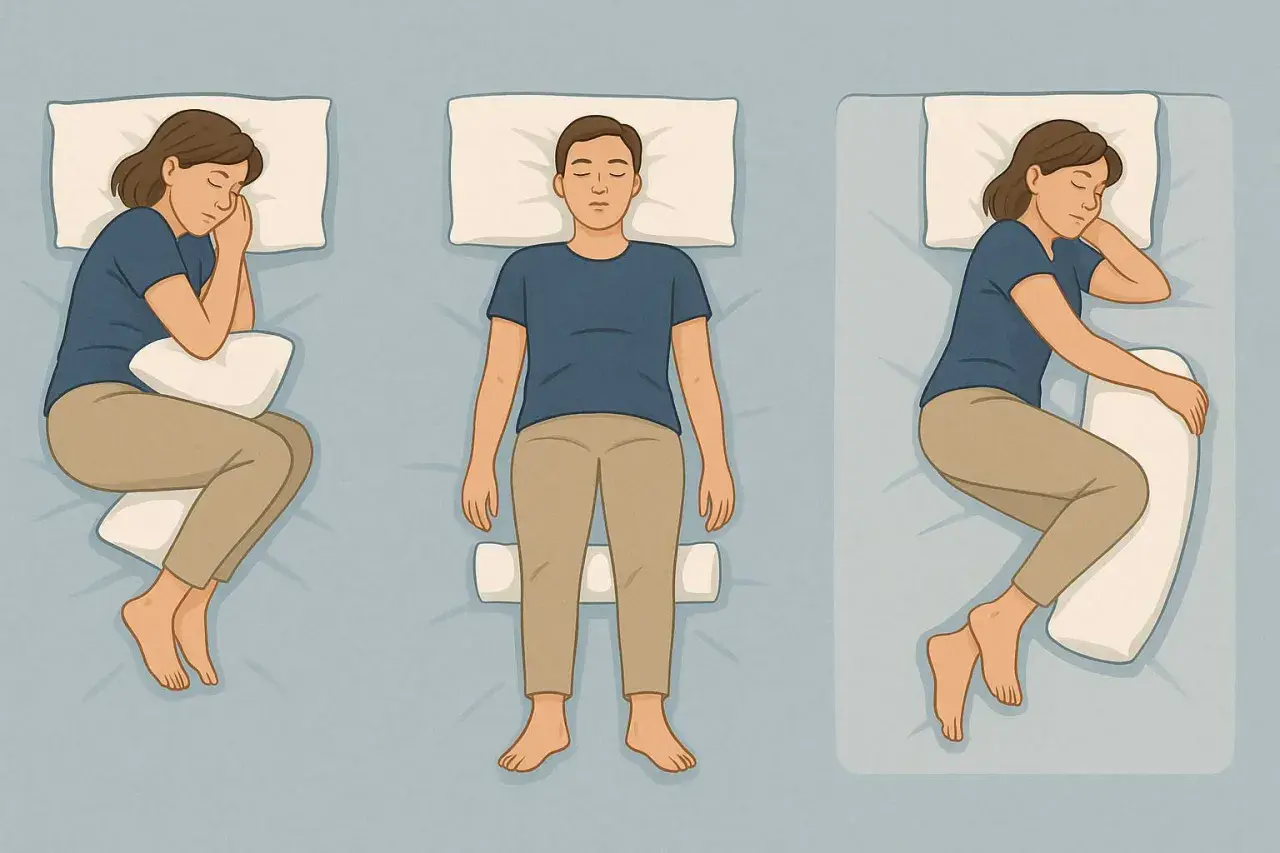 Posizioni a letto per alleviare la pubalgia: dormire su un fianco con un cuscino tra le ginocchia o sulla schiena con un cuscino sotto le ginocchia.